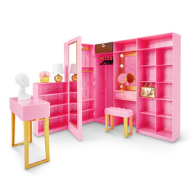 Storage compartments organized for dolls' outfits and accessories