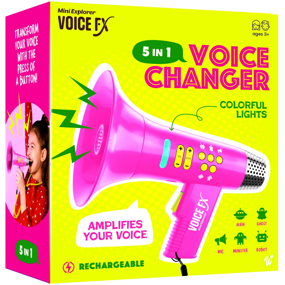 Mini Explorer voice changer pink front view with glowing lights for lively play