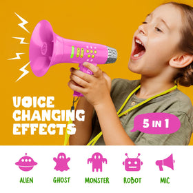 Mini Explorer voice changer pink illuminated controls highlight robot and alien modes for imaginative play