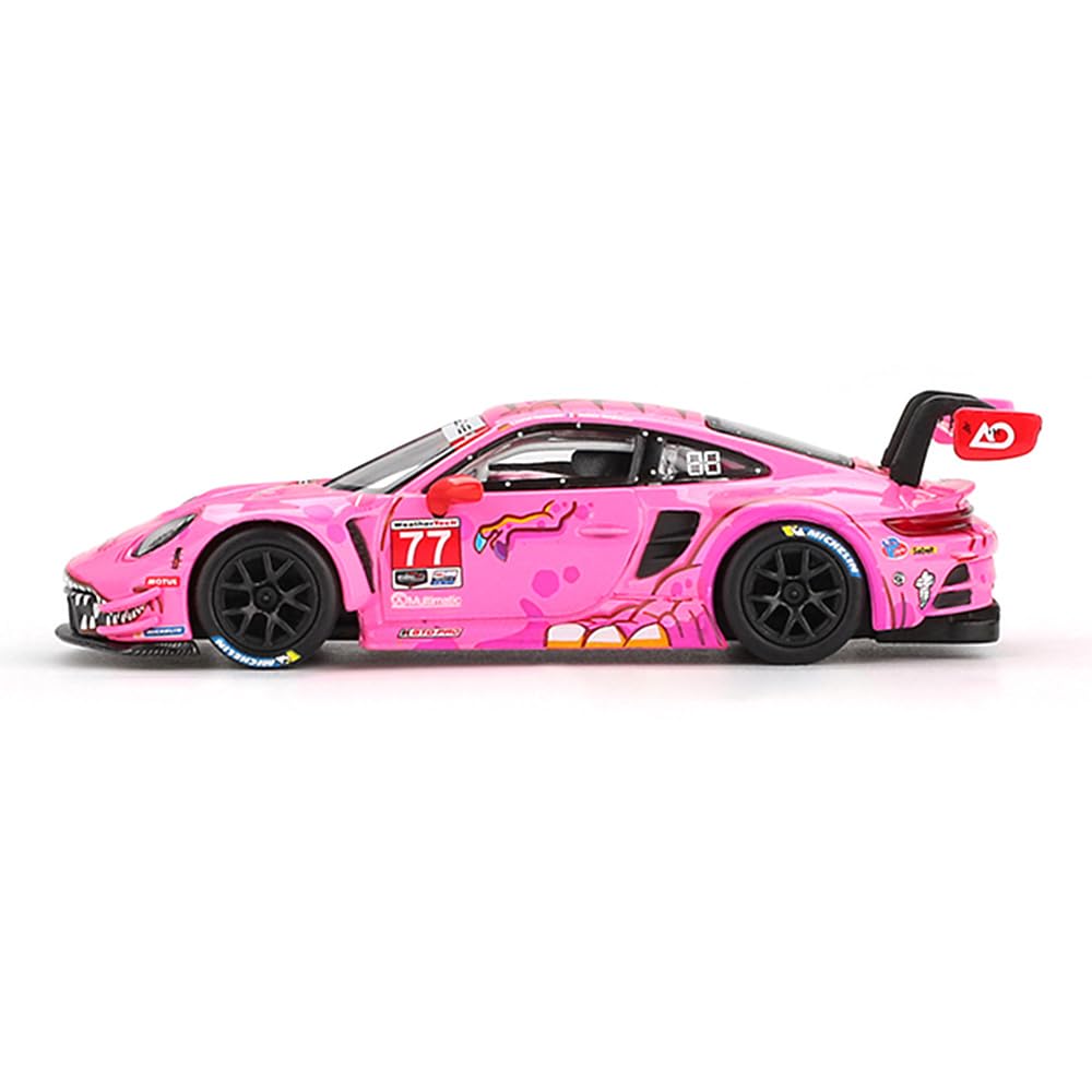 Generic Mini GT diecast Porsche 911 GT3 R #77 interior detail highlights authentic cabin for collectors.