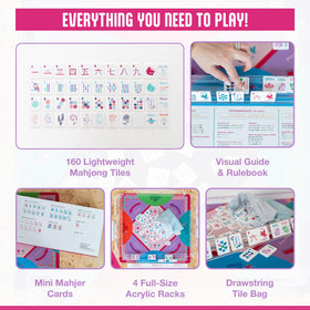 Mini Mahjer acrylic racks keep pieces organized for smooth play.