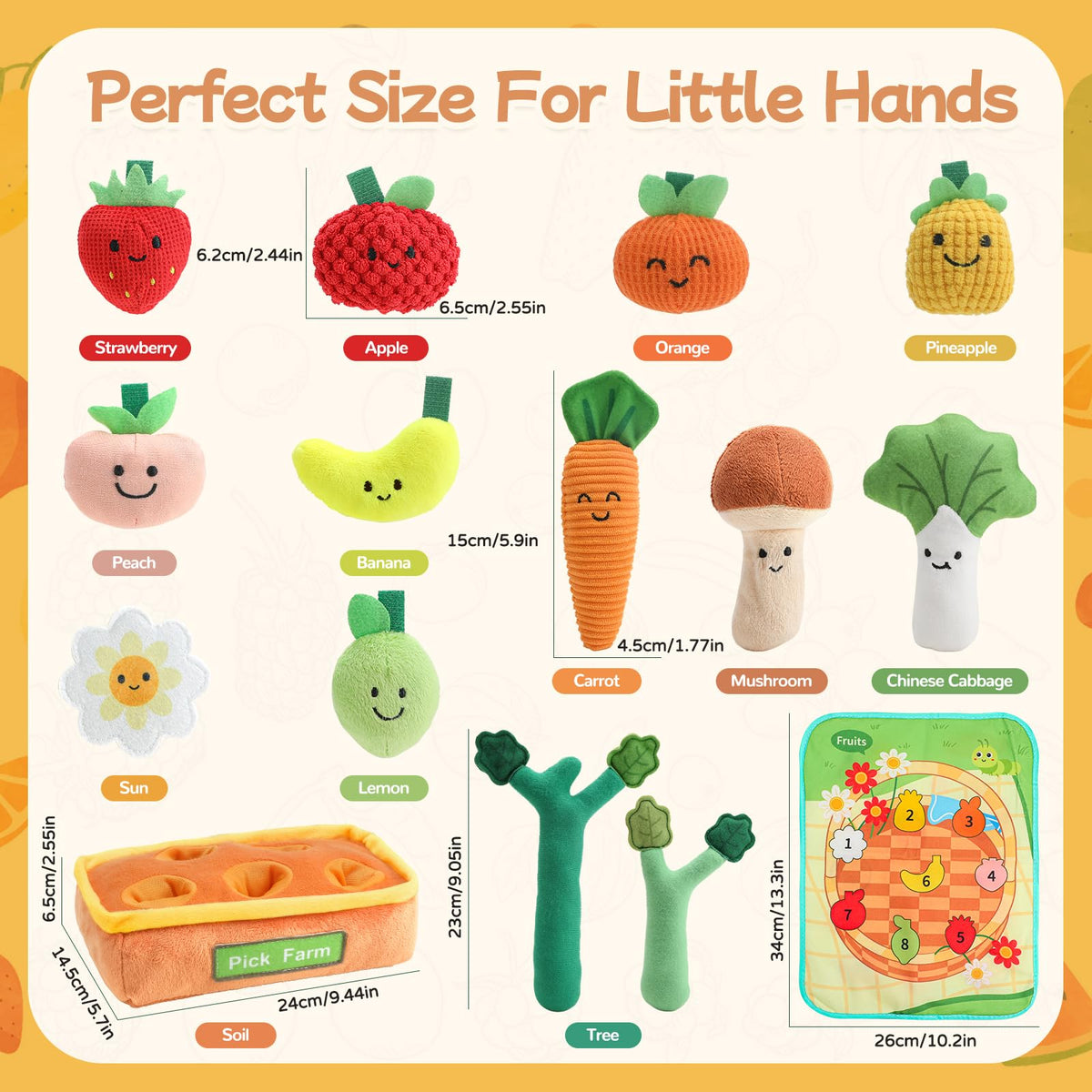 Mini Tudou squeeze-fruit toy offers soft squeaks to encourage grabbing.