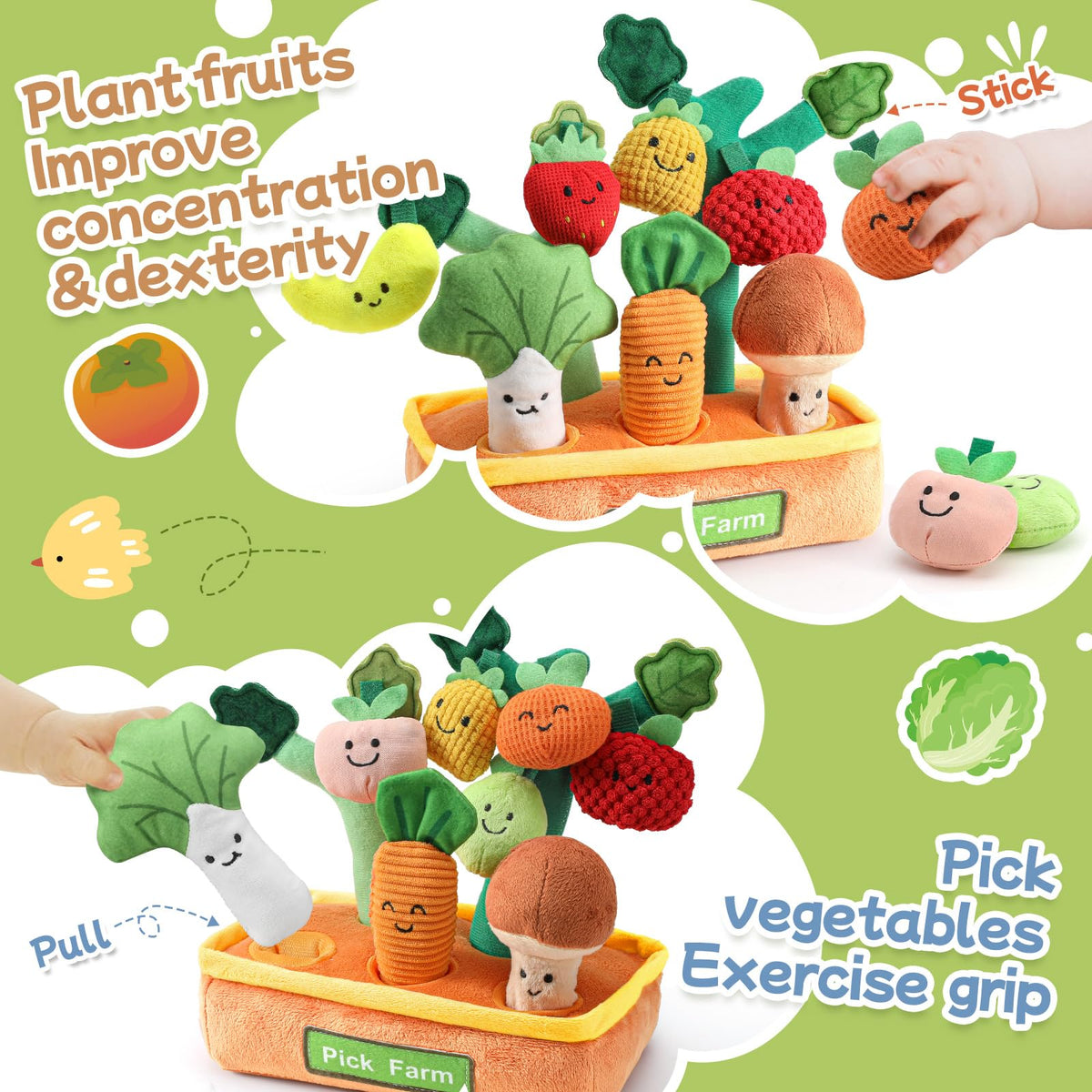 Mini Tudou veggie plush carrot promotes fine motor skills during pretend farming.