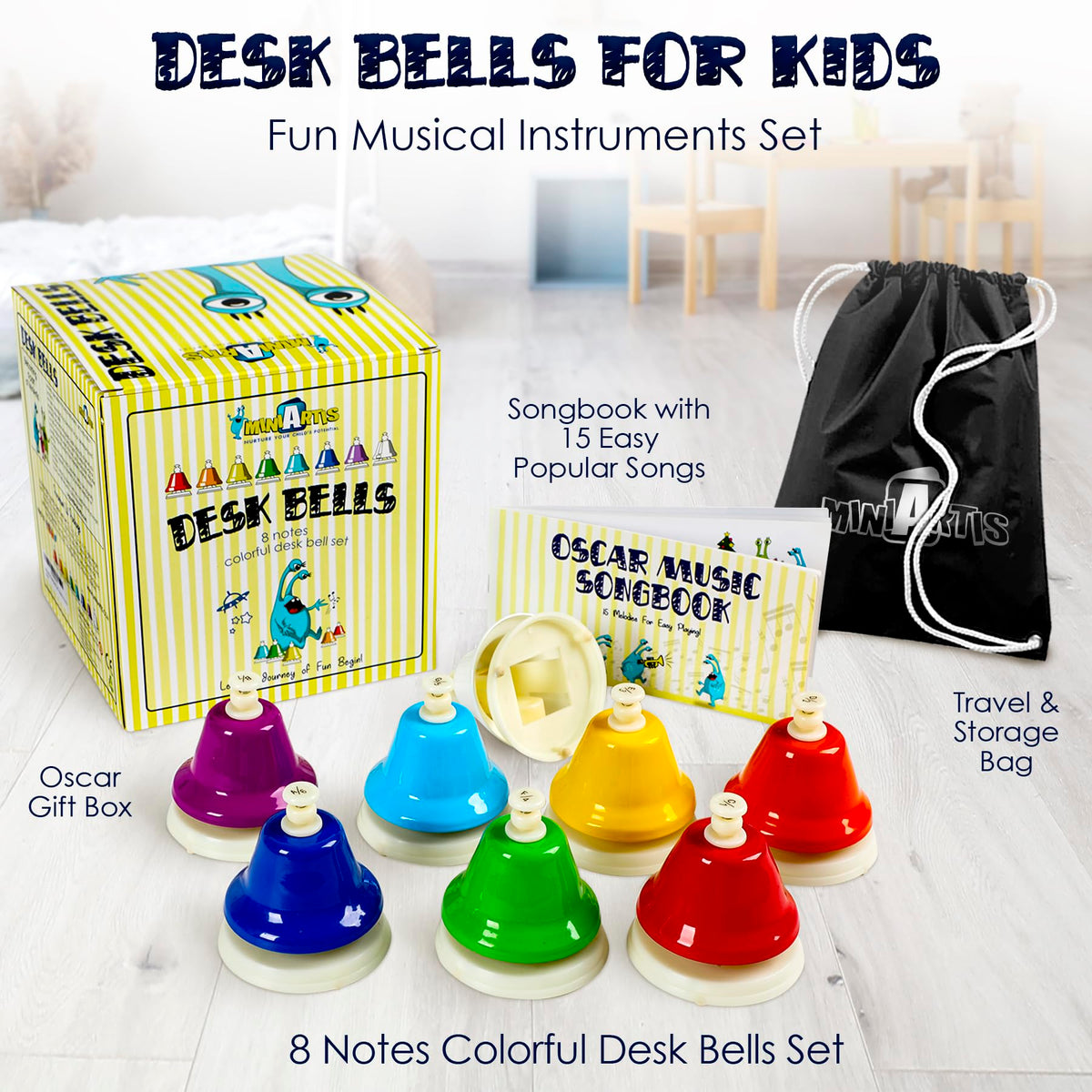 MINIARTIS desk bells color-coded-keys support easy diatonic play and literacy.