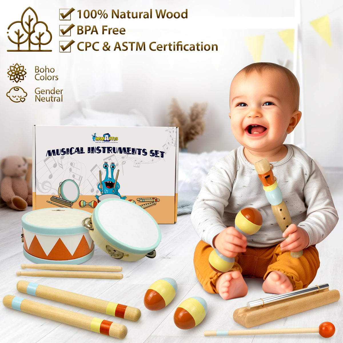 MINIARTIS rhythm sticks to support hand-eye coordination during pretend music.