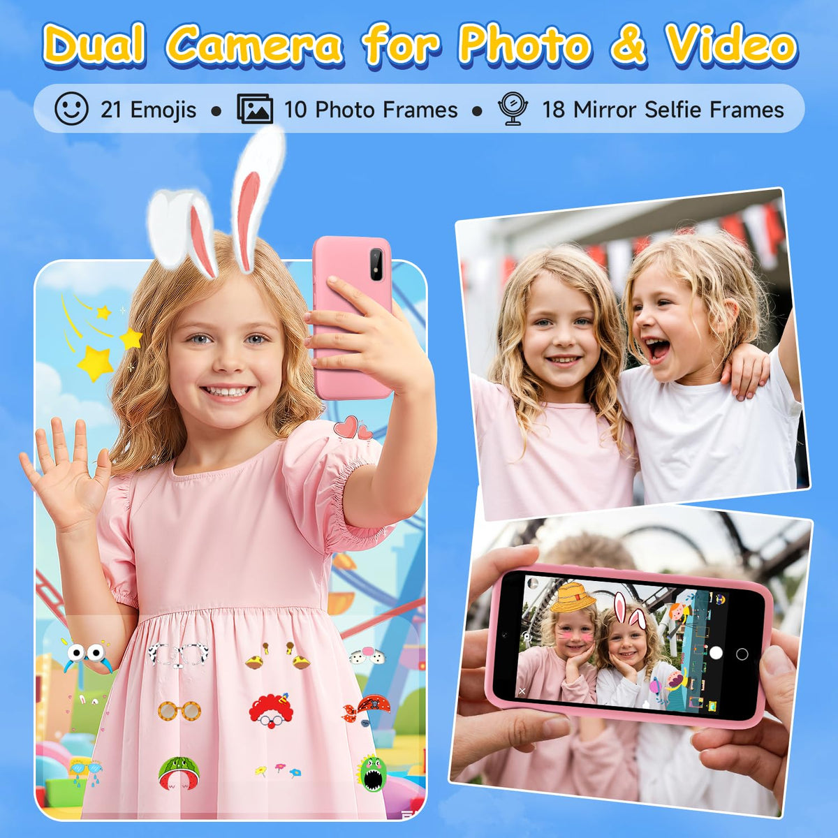 MINIBEAR dual-camera toy phone enables selfies and playful moments.