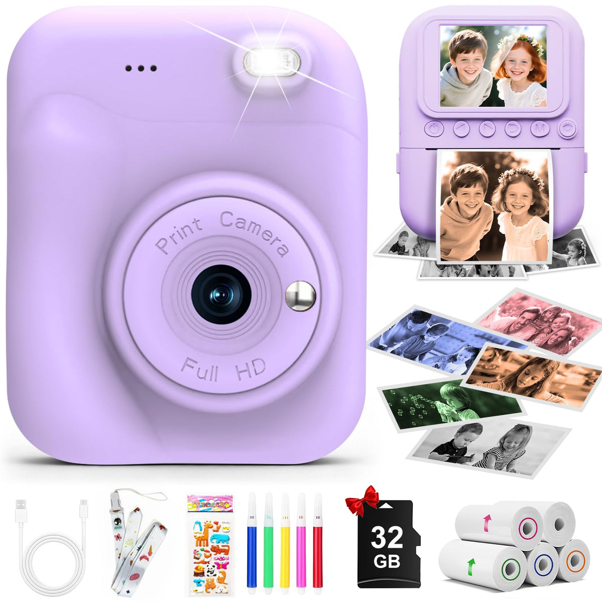 MINIBEAR kids camera front view showing instant print feature for quick keepsake photos