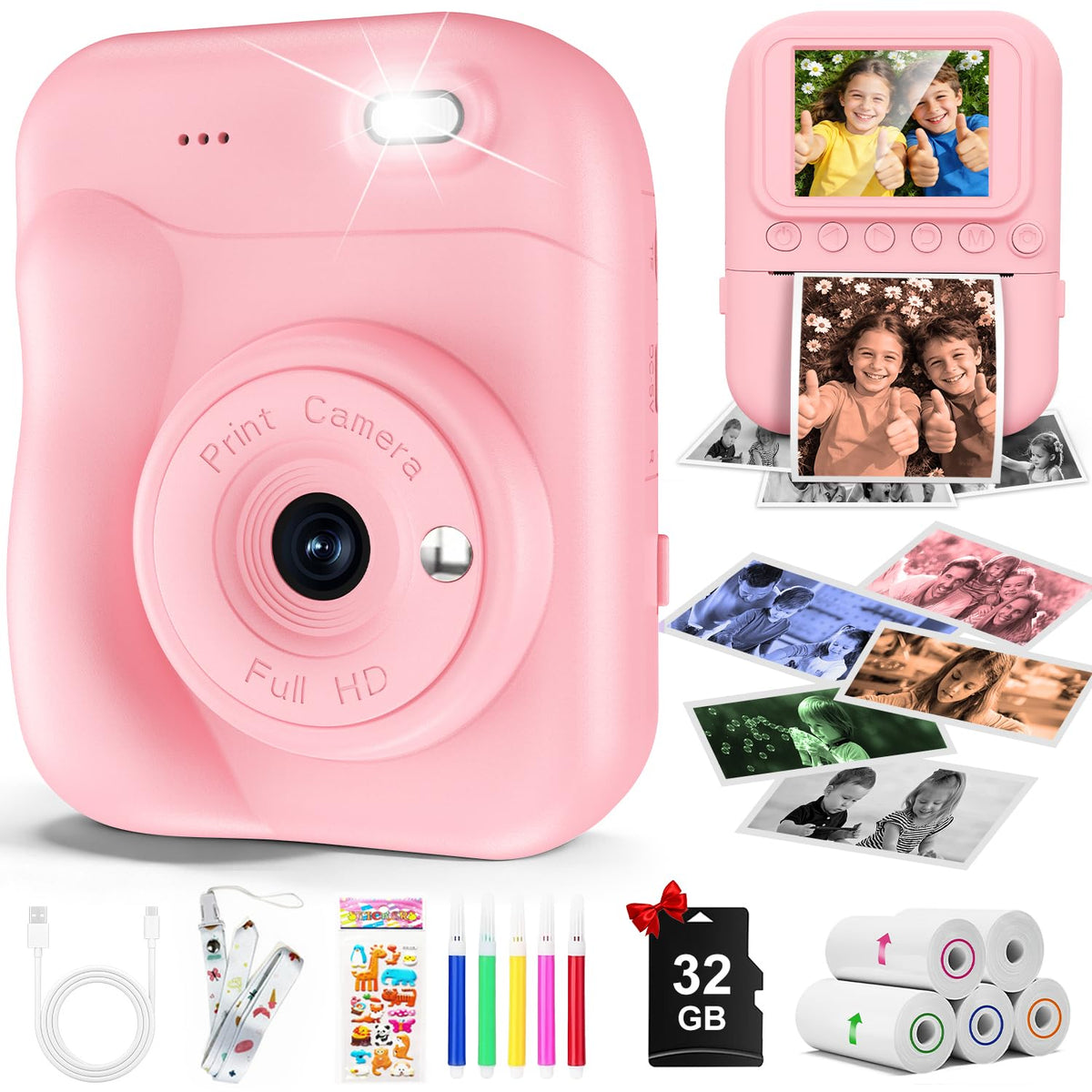 MINIBEAR Kids Camera front view showing pink design with instant print capability for quick keepsakes