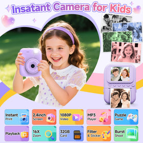 MINIBEAR kids camera printing mode close-up with included paper rolls