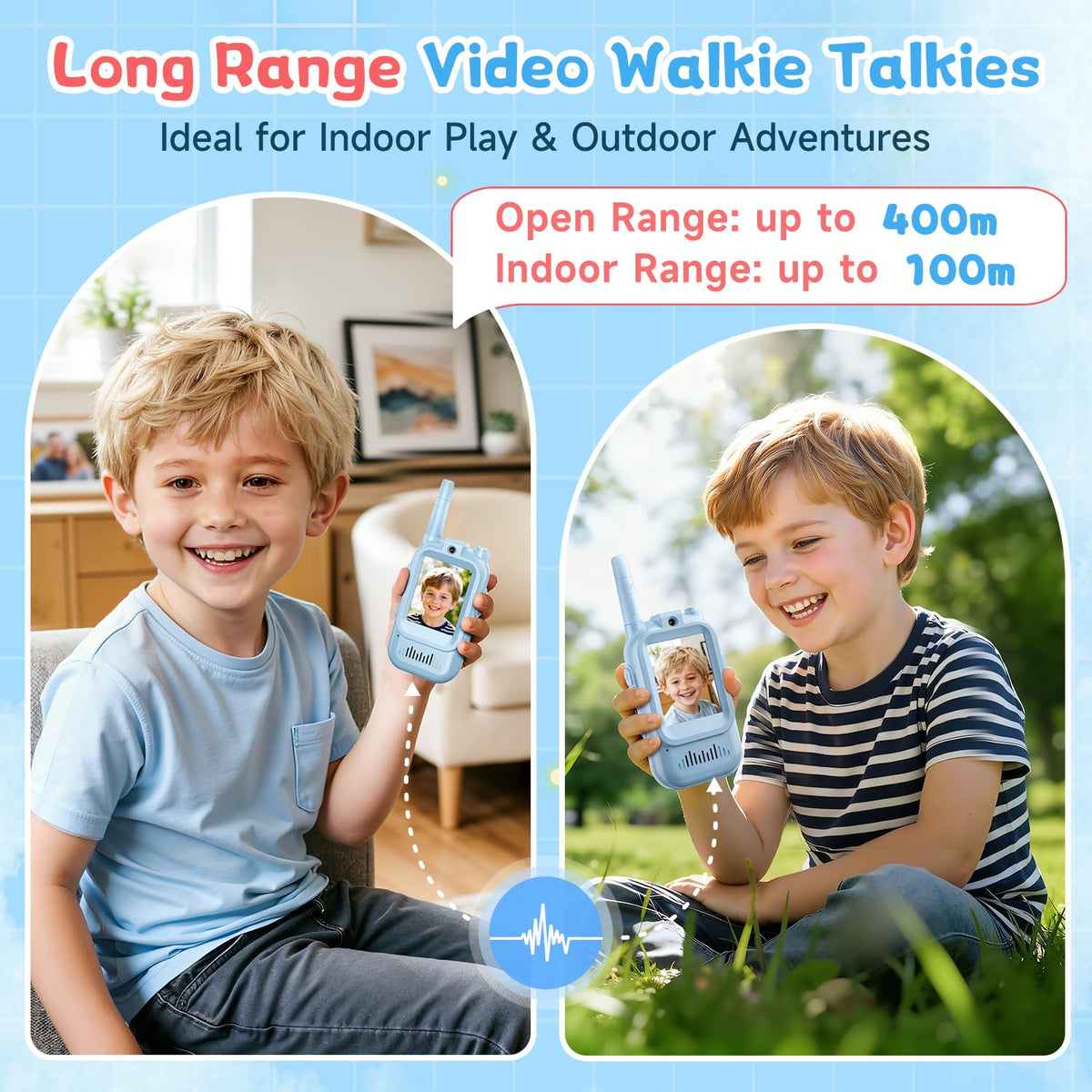 MINIBEAR video walkie talkies blue side view, perfect for park adventures and sharing video.