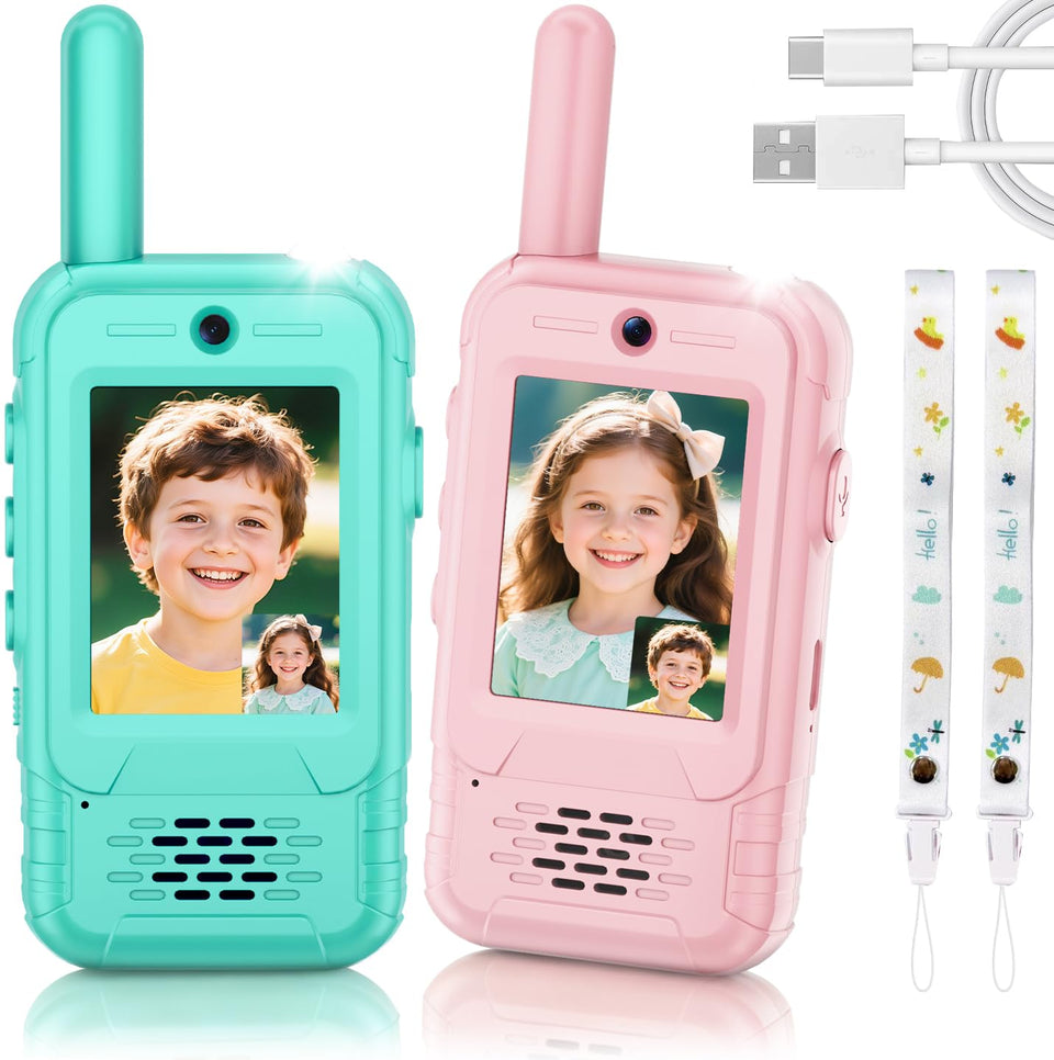 MINIBEAR video walkie talkies for kids twin-pack ready for outdoor adventures.