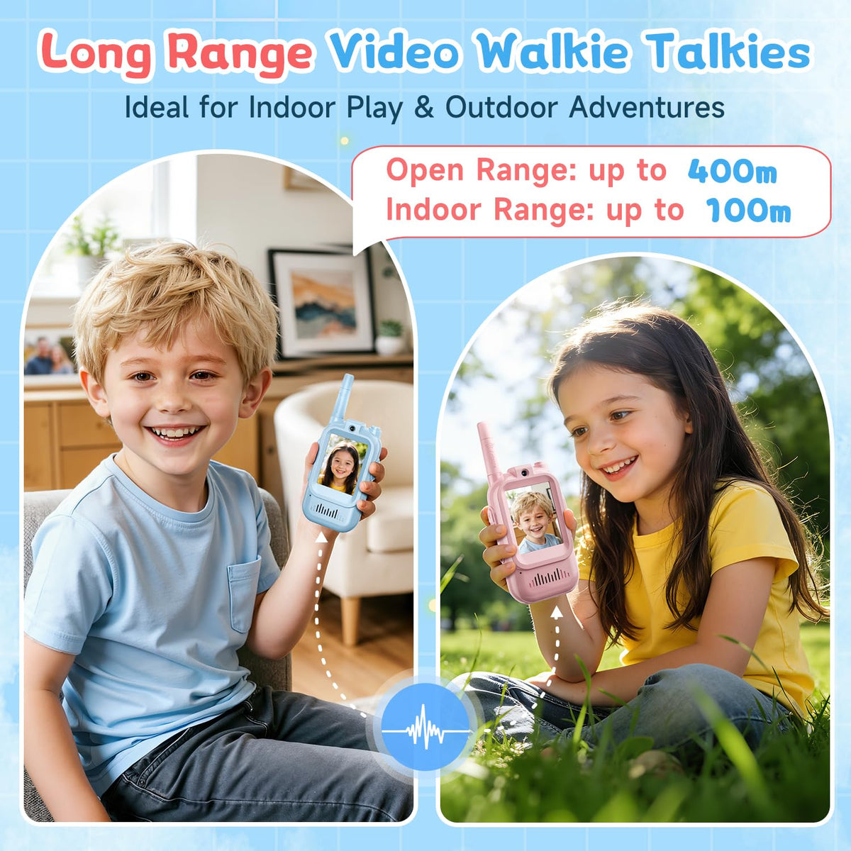 MINIBEAR video walkie talkies pink side view for siblings and friends.
