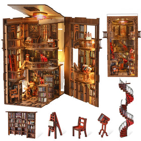 MiniCity Abbey Library Book Nook on a shelf, warm lighting enhances ambiance