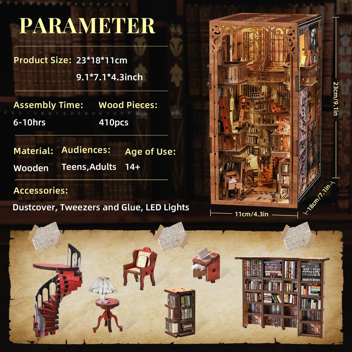 Close-up of detailed assembly for MiniCity Book Nook Kit
