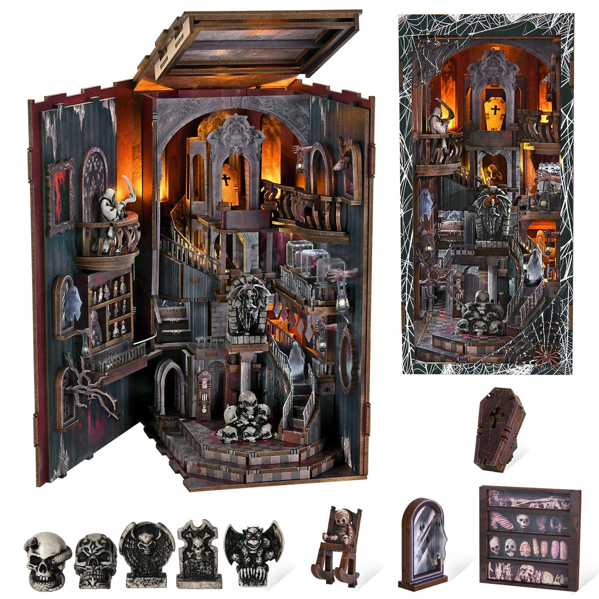 MiniCity book nook light-up diorama on a shelf creates a magical, spooky atmosphere.