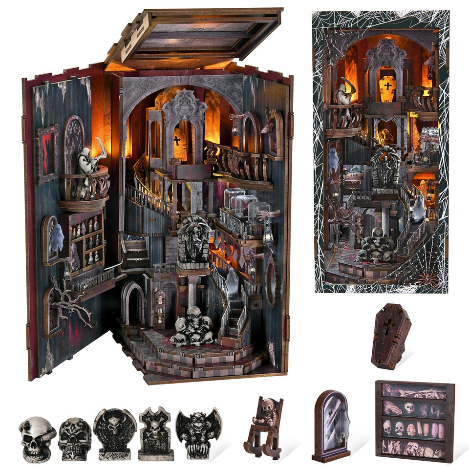 MiniCity book nook light-up diorama on a shelf creates a magical, spooky atmosphere.