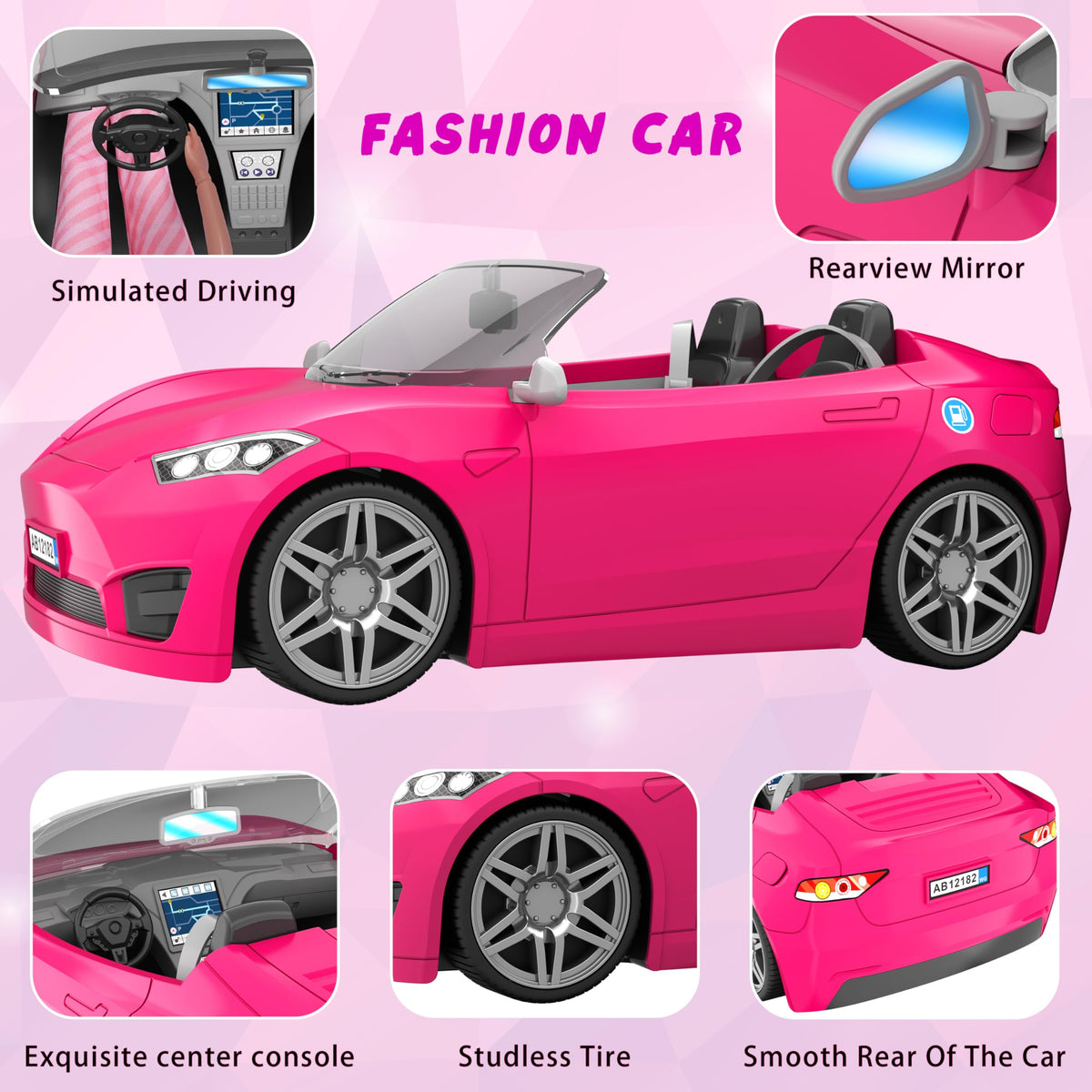 MINIFUN pink convertible car front view supports cooperative pretend rides.
