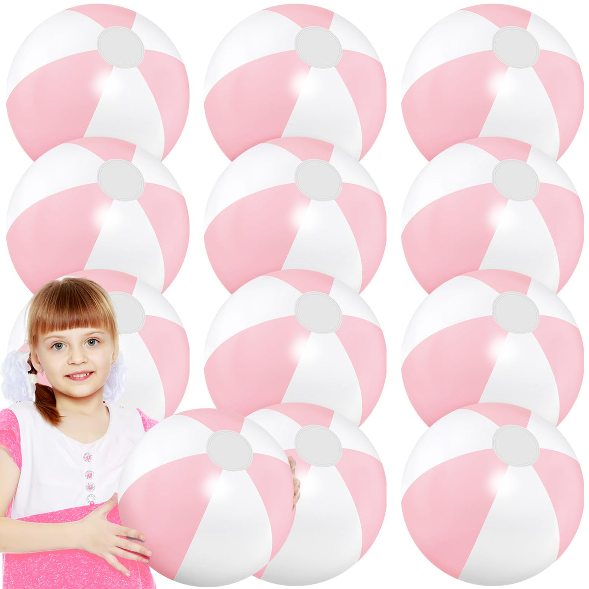 MiniInflat macaron pink beach ball with white stitching, ideal for pool and sand play.
