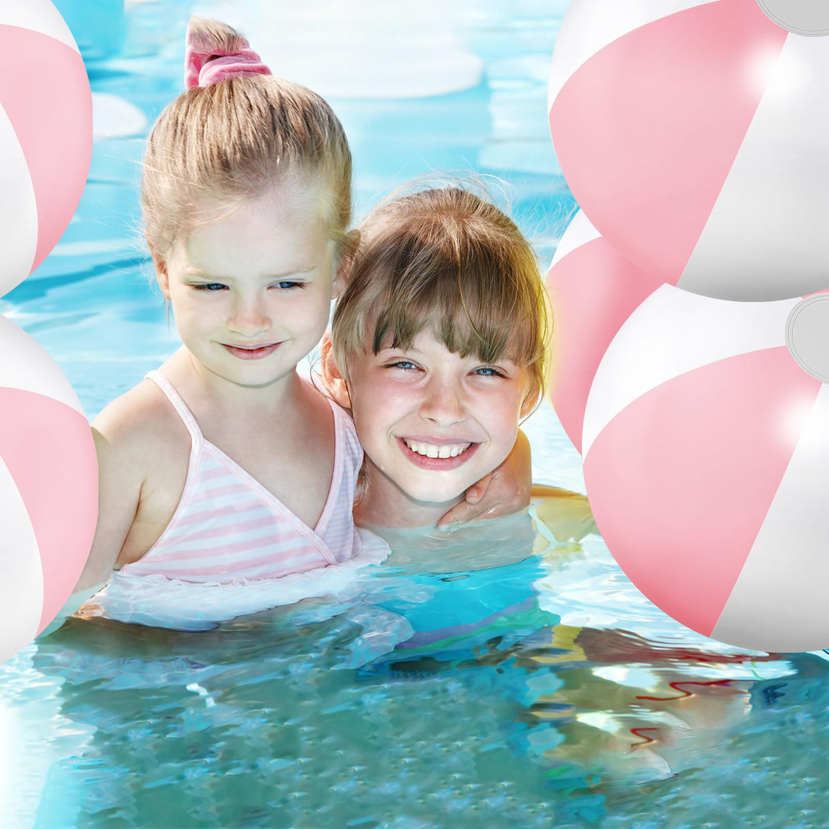 MiniInflat macaron pink beach ball with white stitching for stylish outdoor fun.