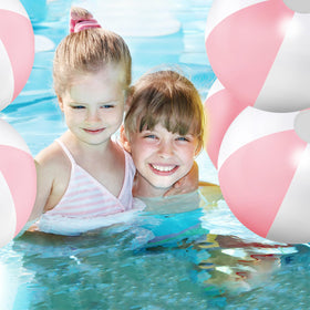 MiniInflat macaron pink beach ball with white stitching for stylish outdoor fun.
