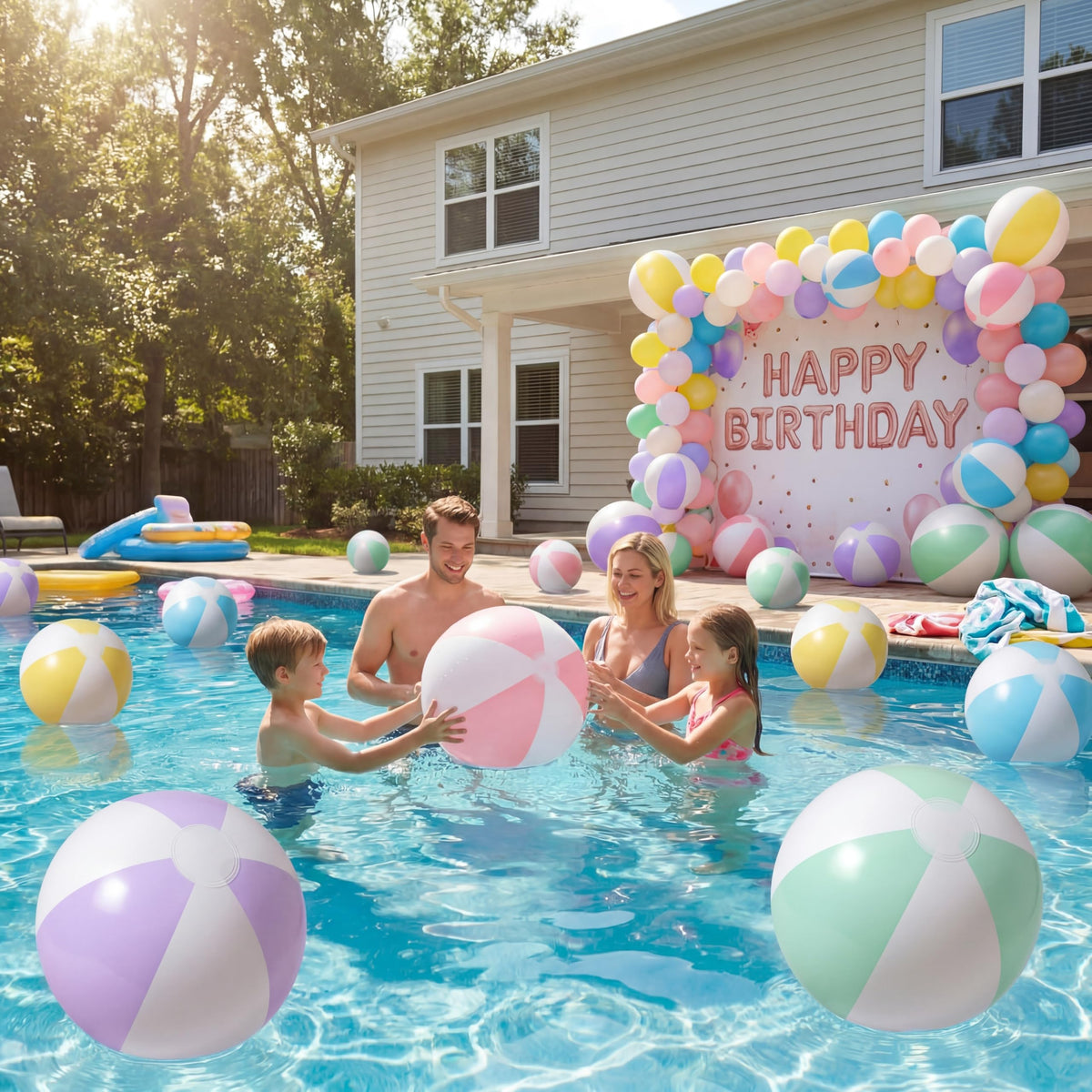 MiniInflat pastel beach balls on sand for quick poolside fun.