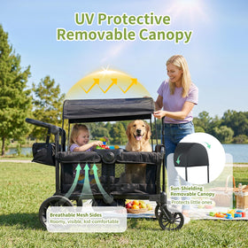 Minikins Wagon adjustable push-pull handle fits parents of all heights.
