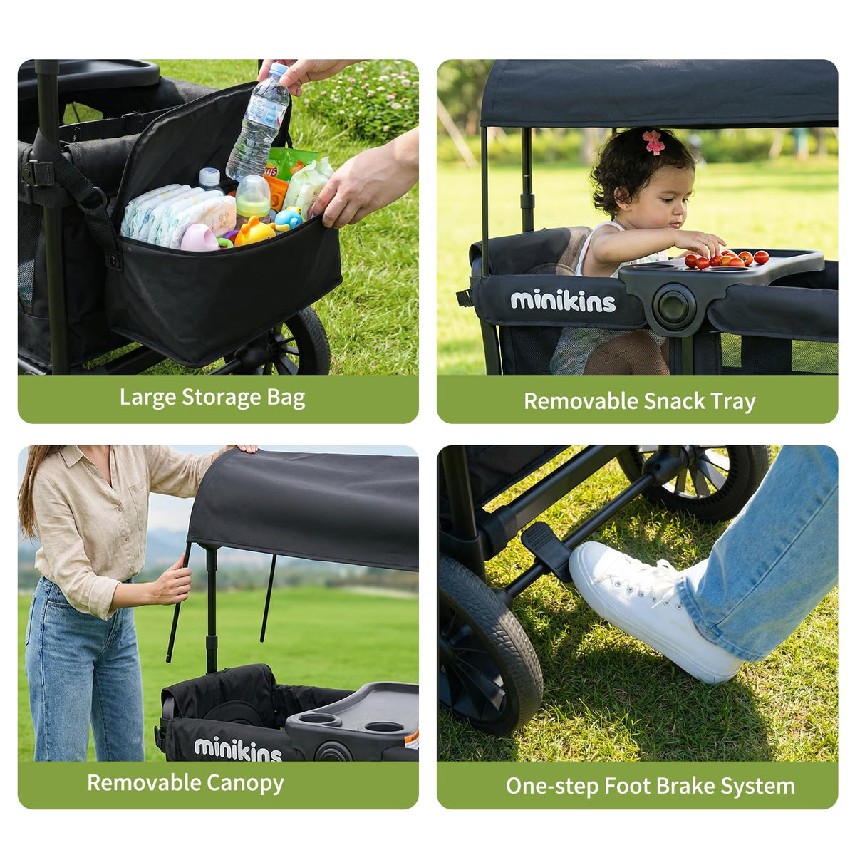 Minikins Wagon all-terrain tires handle sand, grass, and uneven paths.