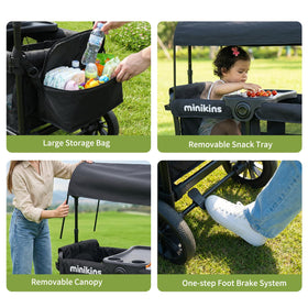 Minikins Wagon all-terrain tires handle sand, grass, and uneven paths.