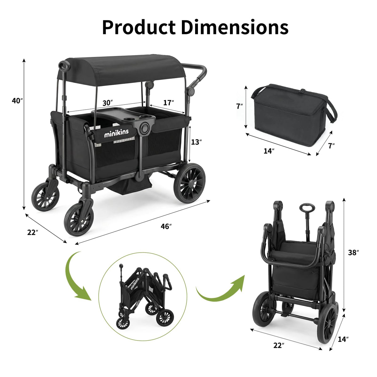 Minikins Wagon removable canopy shields sun for comfort.