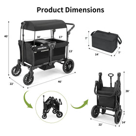 Minikins Wagon removable canopy shields sun for comfort.