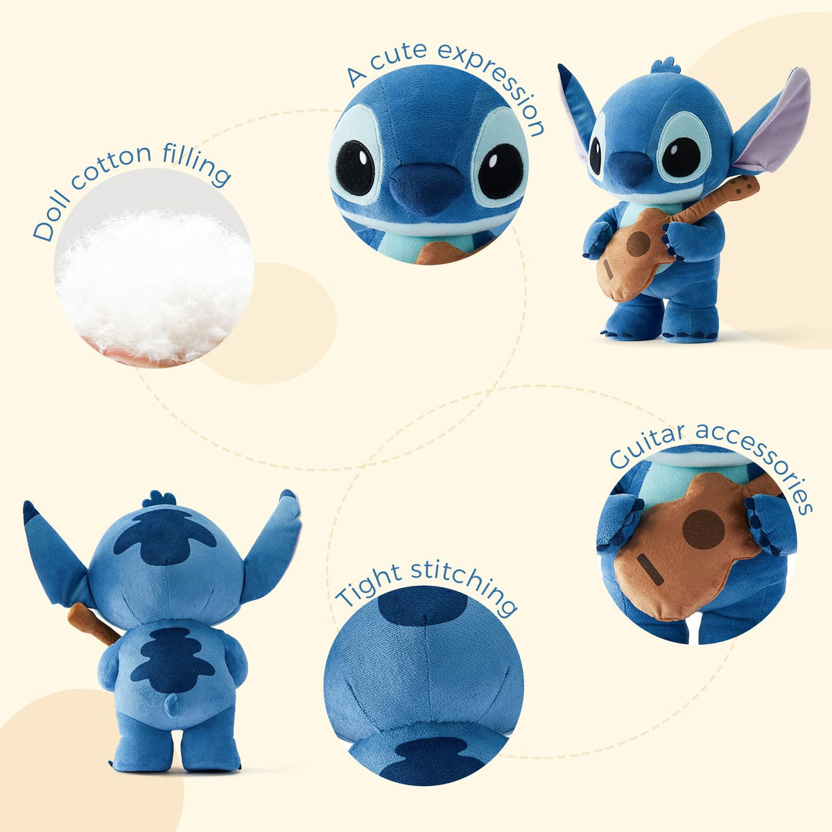 MINISO Stitch plush with expressive face and blue fur for authentic charm.