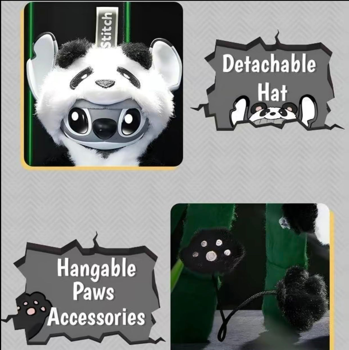 MINISO Panda clothes Stitch charm adds playful decor to shelves.