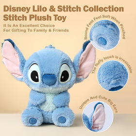 MINISO Stitch plush side view highlighting compact size for on-the-go fun.