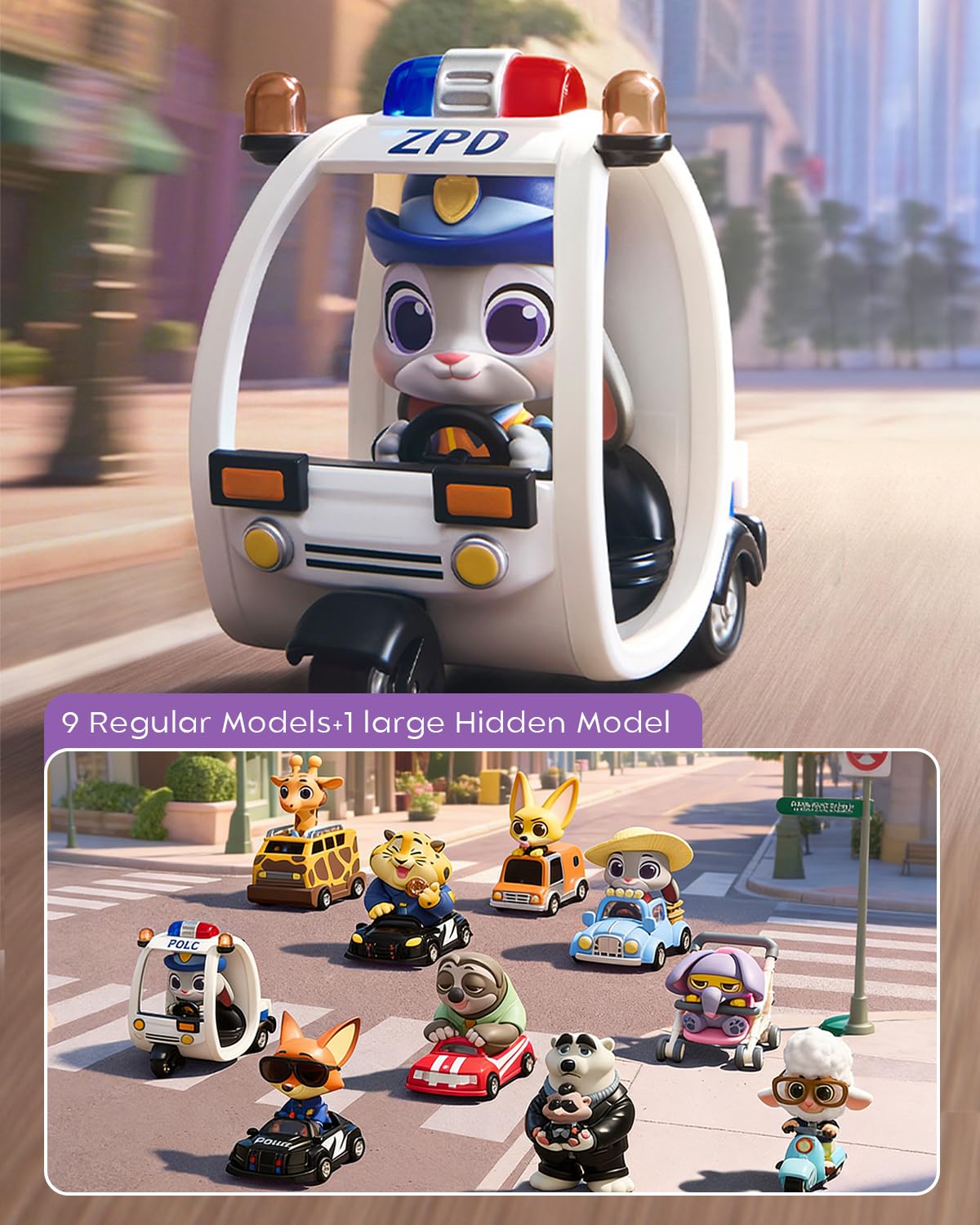 MINISO Disney Zootopia travel-series figure in themed vehicle for display