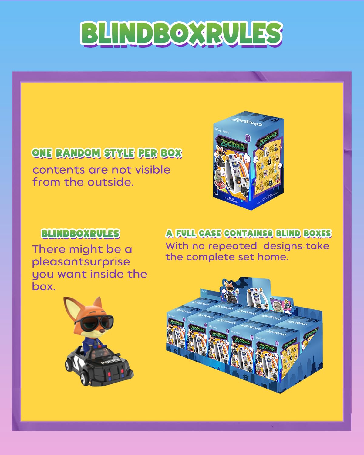 MINISO Disney Zootopia travel-series figure in themed vehicle for unboxing