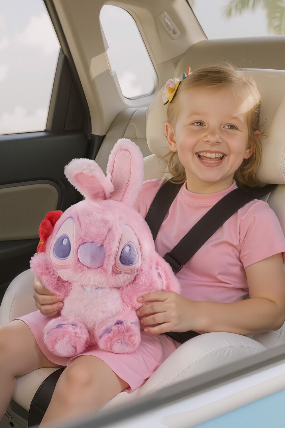 MINISO Lilo and Stitch Angel plush, face close-up, expressive eyes and friendly grin invite hugs.