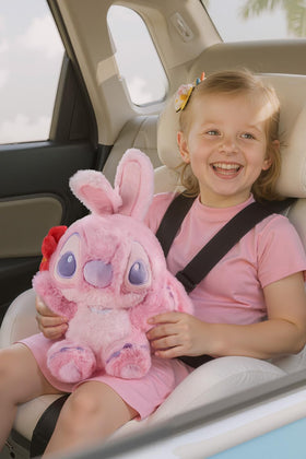 MINISO Lilo and Stitch Angel plush, face close-up, expressive eyes and friendly grin invite hugs.