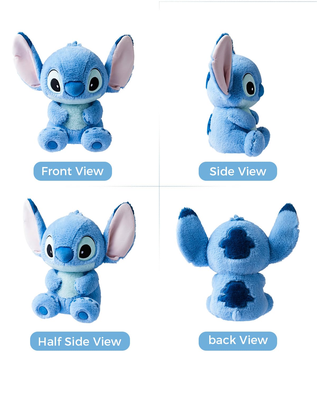 MINISO Stitch plush 16-inch side view, soft, skin-friendly buddy for bedtime.