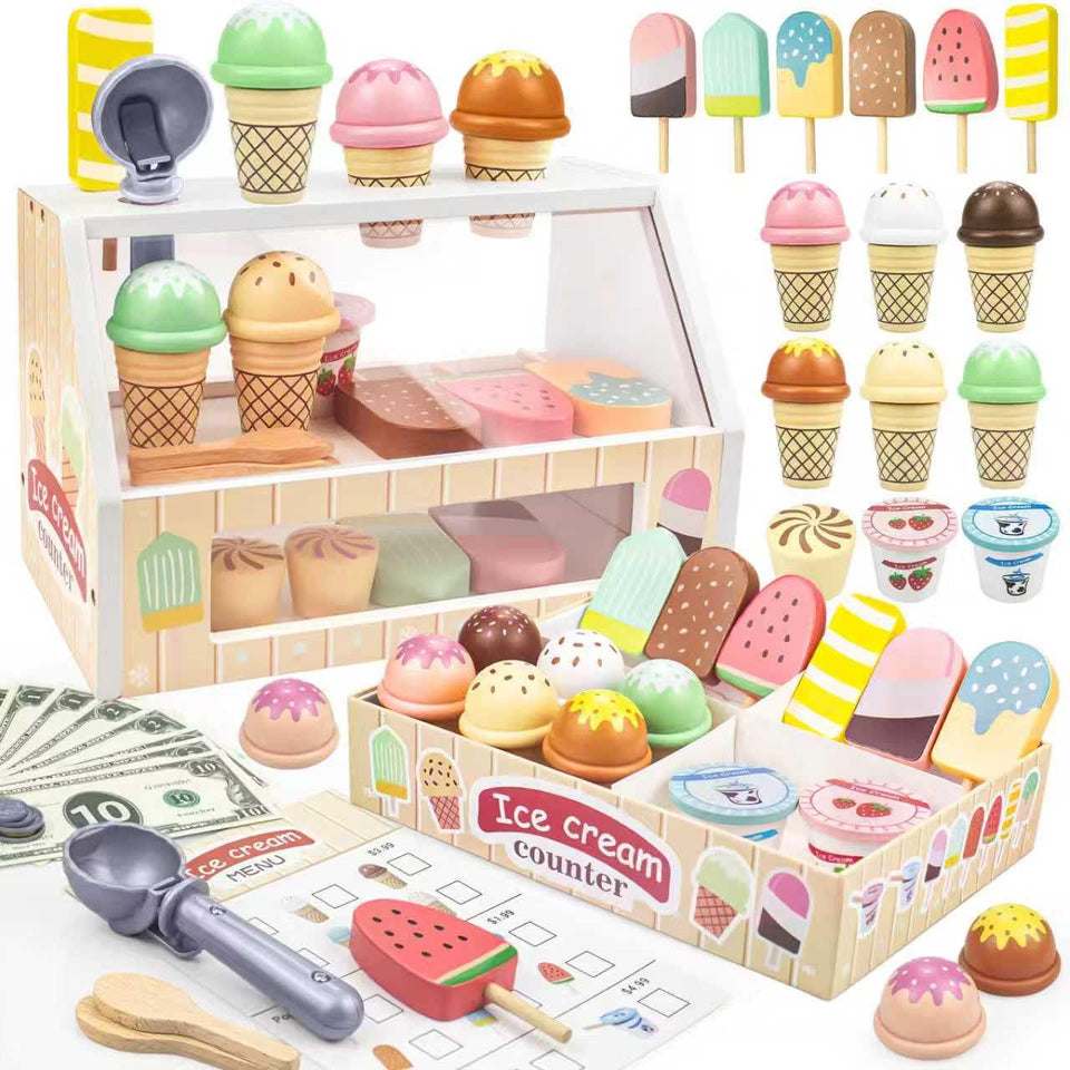 Minnot wooden ice cream counter for imaginative pretend play and social interaction