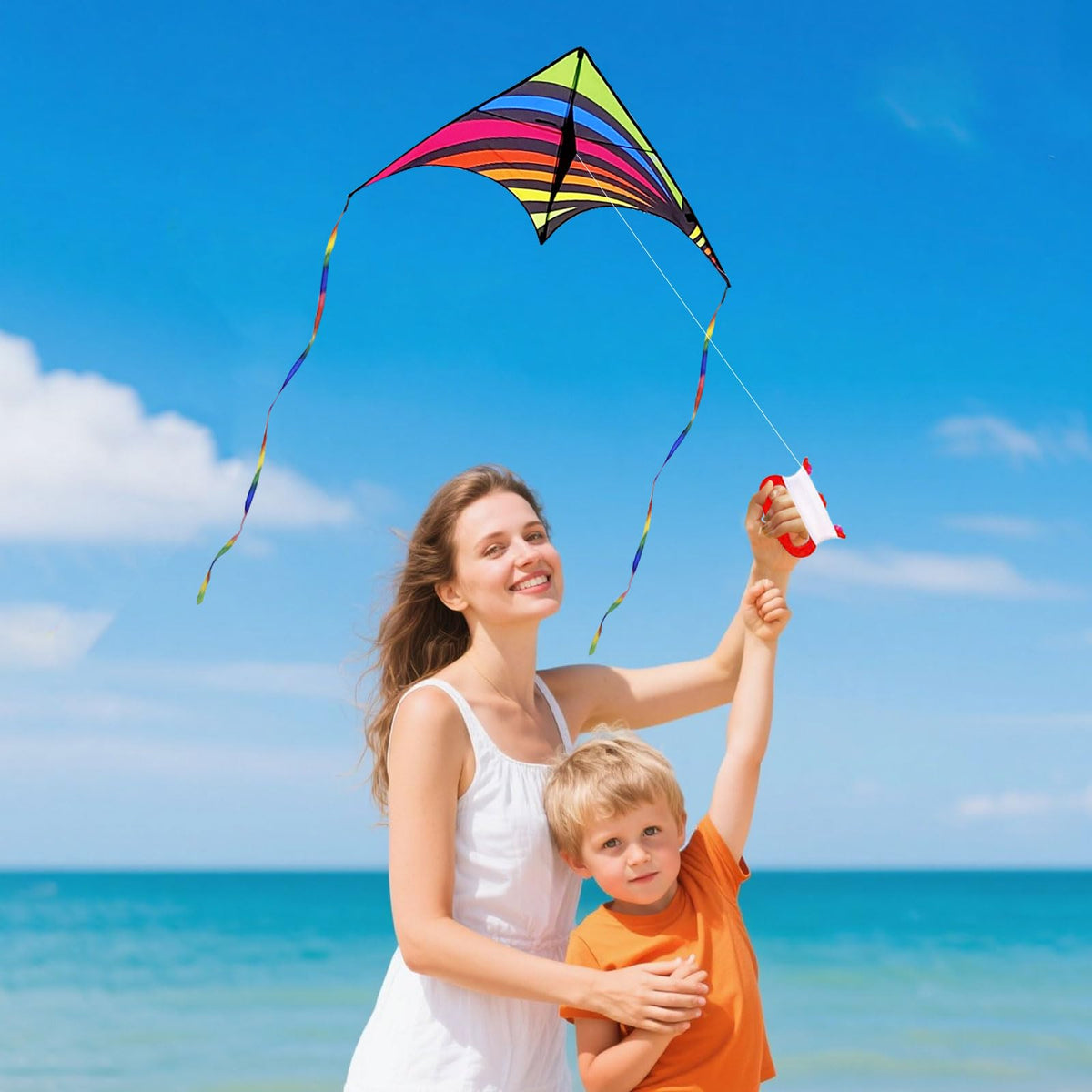 Mint's Colorful Life rainbow delta kite in bright sun, vibrant outdoor entertainment.
