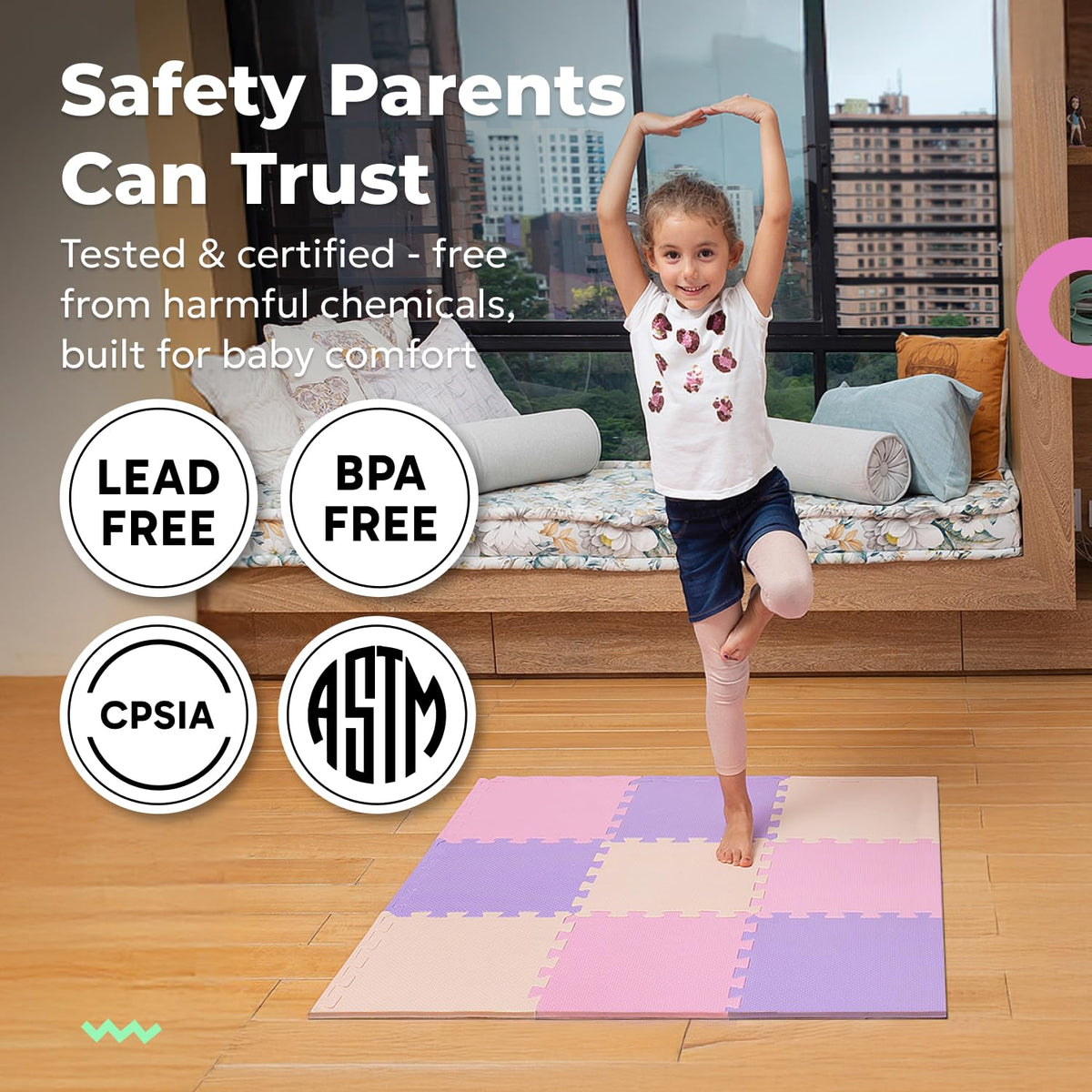 MioTetto 50x50 playpen mat fit shown with modular layout