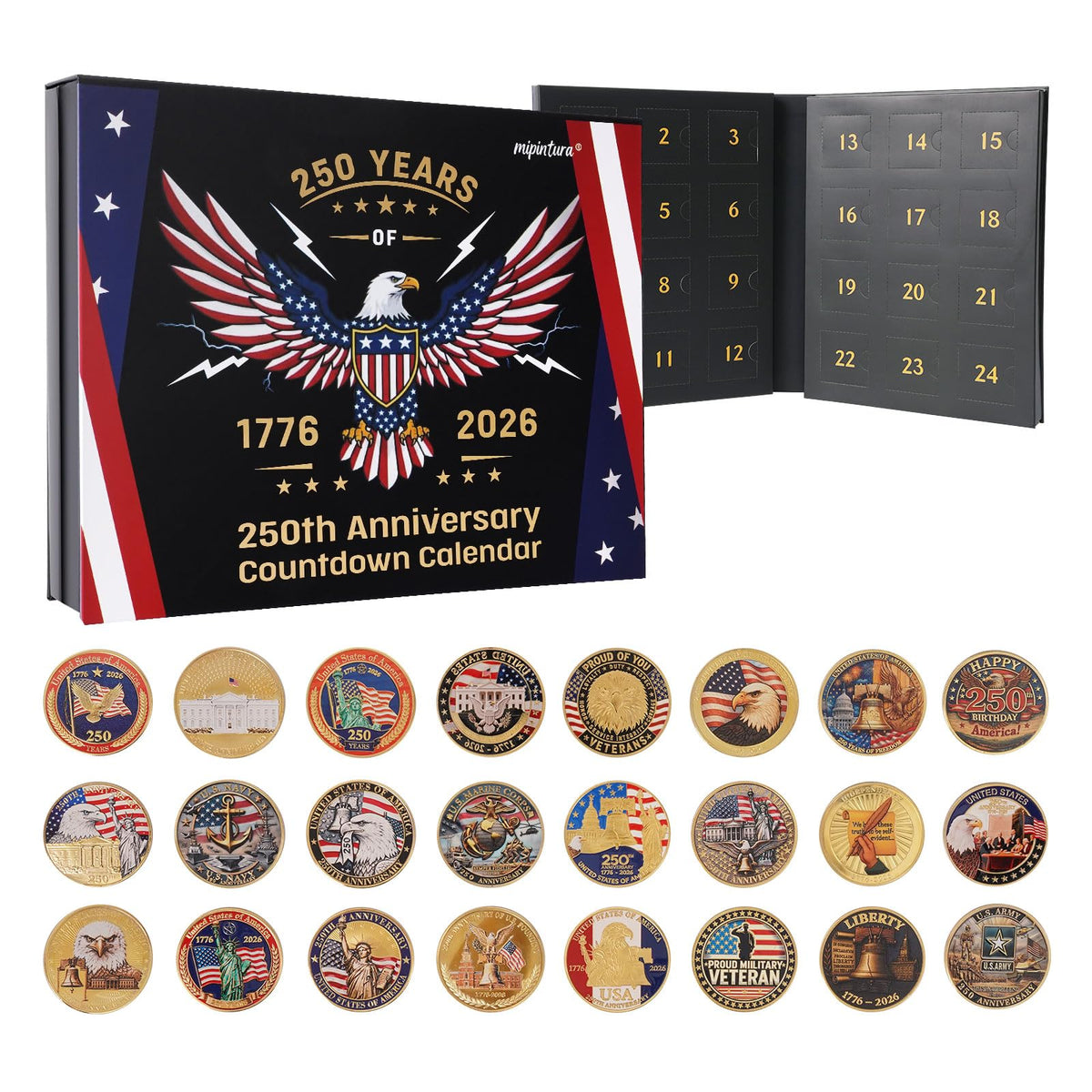 Mipintura USA 250th coin front with eagle and stars, ideal for patriotic display.