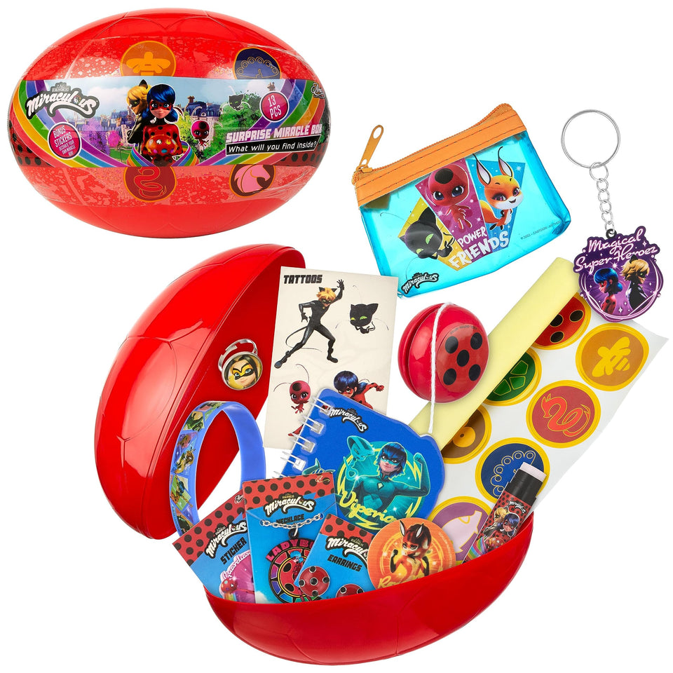 Miraculous 13pc surprise box carrying case with Ladybug and Cat Noir items for pretend play