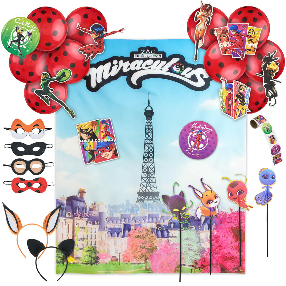 Miraculous vinyl backdrop with Eiffel Tower scene for festive photos.