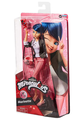 Miraculous Marinette doll in grey blazer with polka dots, ready for stylish storytelling.
