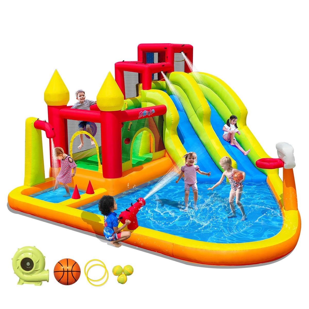 MIRUNAIR inflatable bounce house with slides for safe, active backyard fun.