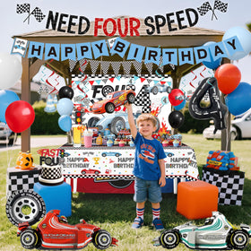 Miruwtog 4th birthday background cloth adds race-themed backdrop for memorable photos.