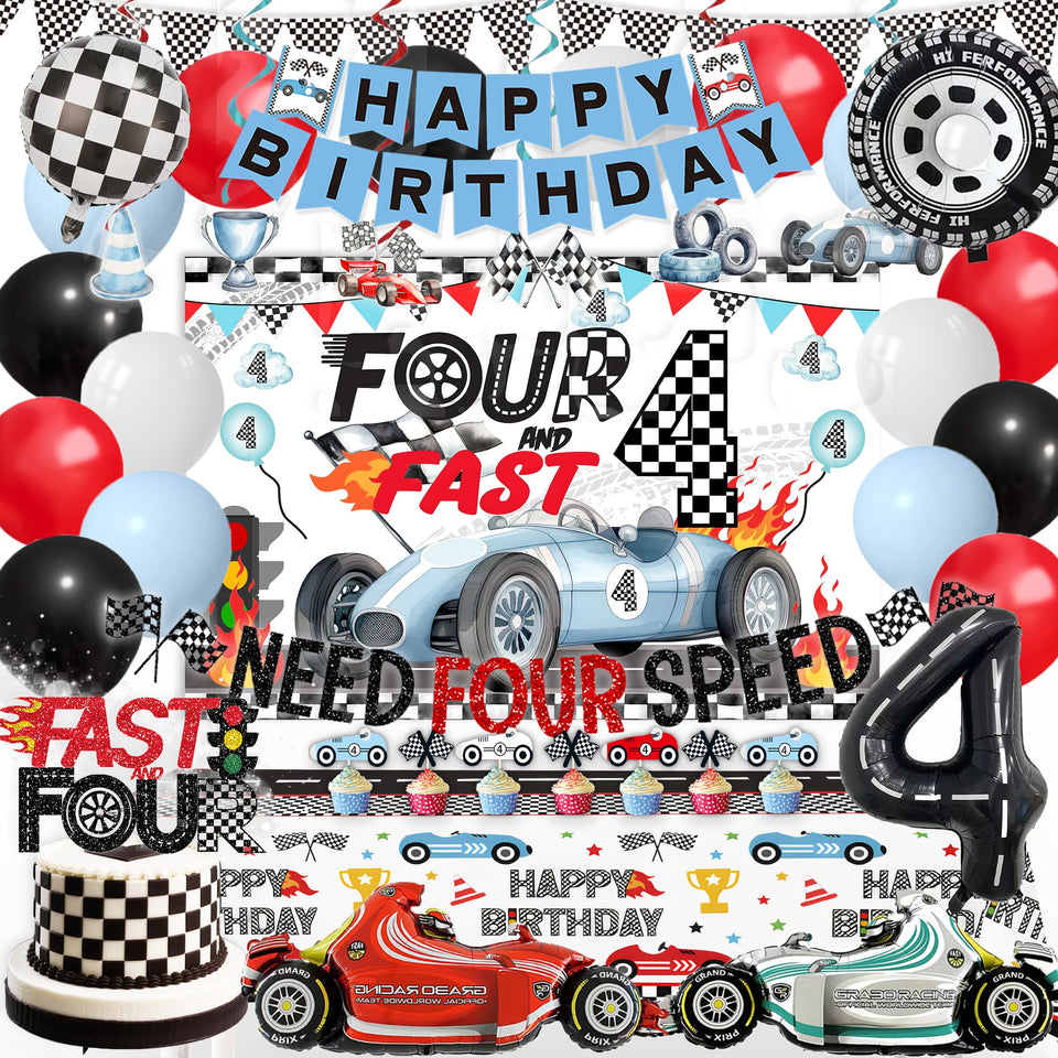 Miruwtog Need Four Speed banner with race graphics for vibrant 4th birthday photos.