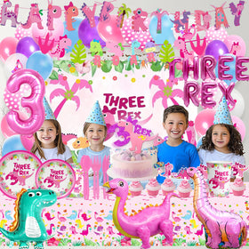 Miruwtog Pink dino-themed tableware set for 3rd birthday celebrations
