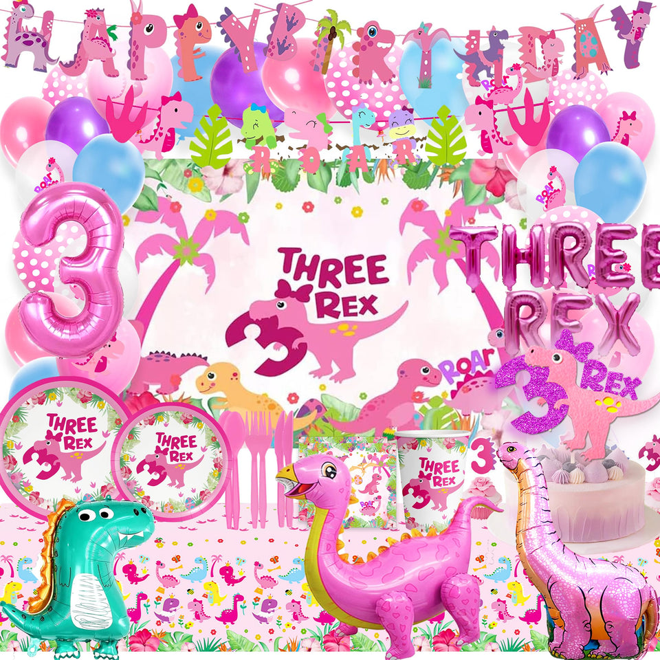 Miruwtog Pink Three Dino Rex banner backdrop for festive party photos